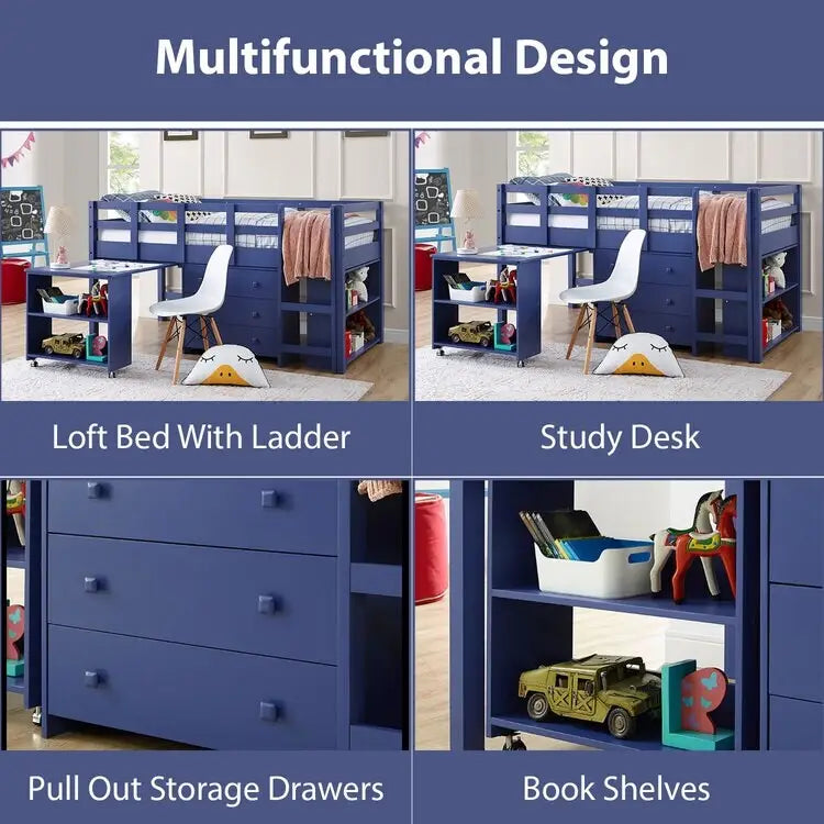 Twin Kids Low Loft Bed with Rolling Desk and Bookshelf, 3 Drawers and Open Storage, Espresso Navy Gray White