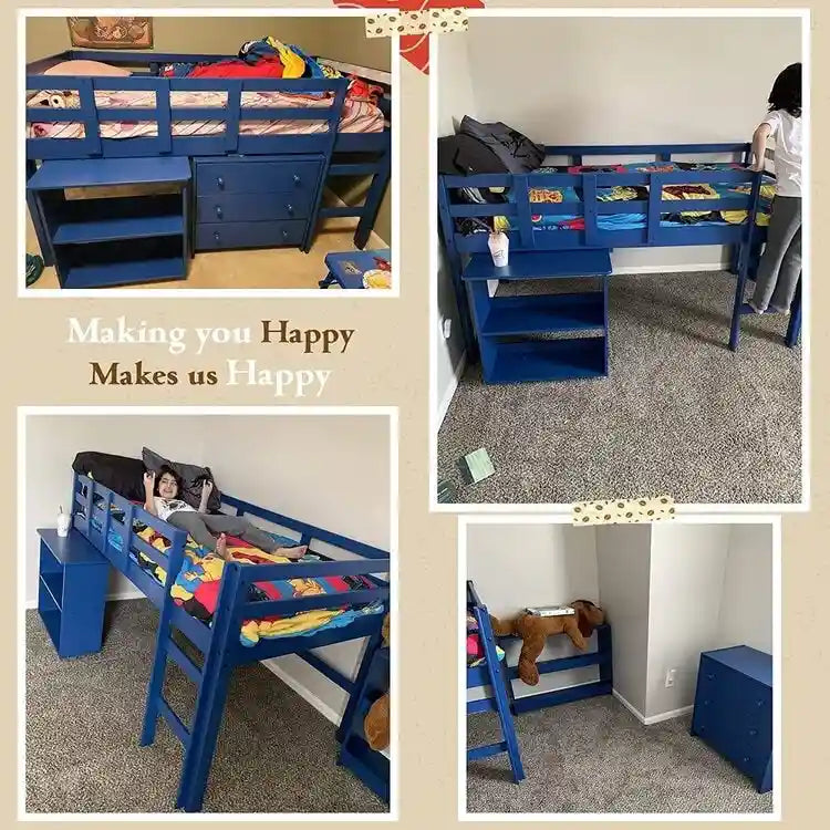 Twin Kids Low Loft Bed with Rolling Desk and Bookshelf, 3 Drawers and Open Storage, Espresso Navy Gray White