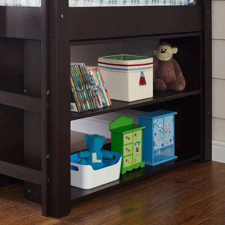 Twin Kids Low Loft Bed with Rolling Desk and Bookshelf, 3 Drawers and Open Storage, Espresso Navy Gray White