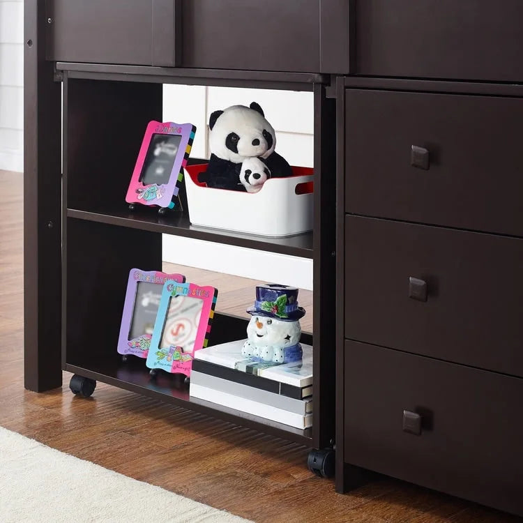 Twin Kids Low Loft Bed with Rolling Desk and Bookshelf, 3 Drawers and Open Storage, Espresso Navy Gray White