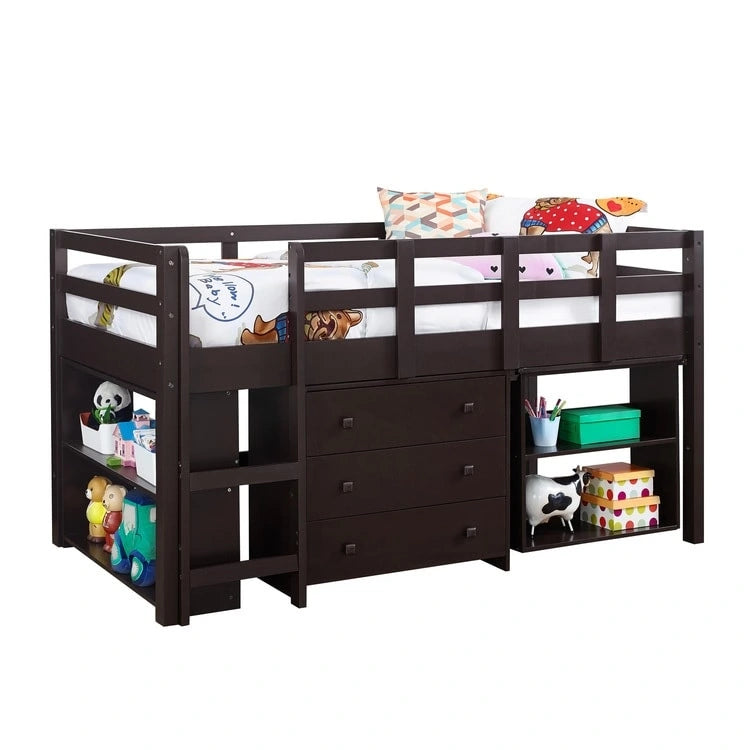 Twin Kids Low Loft Bed with Rolling Desk and Bookshelf, 3 Drawers and Open Storage, Espresso Navy Gray White