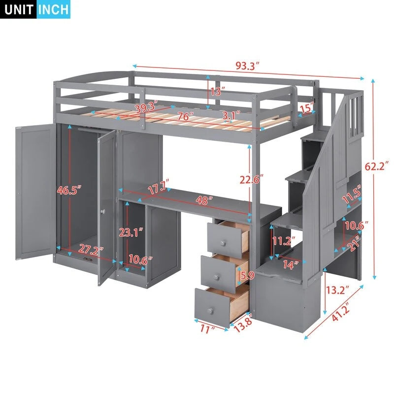 Lit mezzanine Twin en pin avec armoire, bureau, 3 tiroirs, étagère ouverte et escalier de rangement, gris blanc