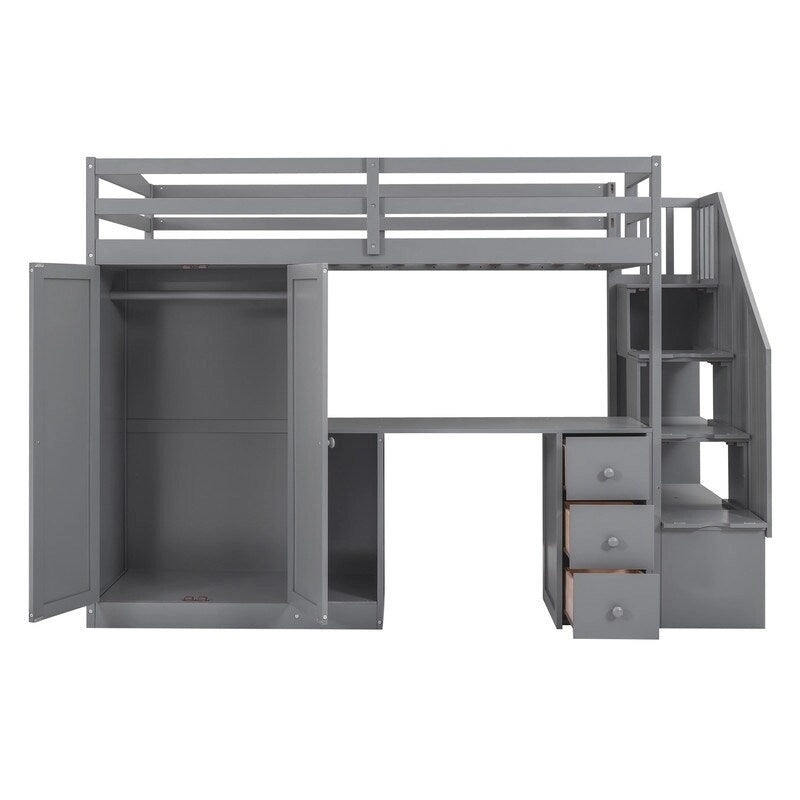 Twin-Hochbett aus Kiefernholz mit Kleiderschrank, Schreibtisch, 3 Schubladen, offenem Regal und Stautreppe, Grau Weiß
