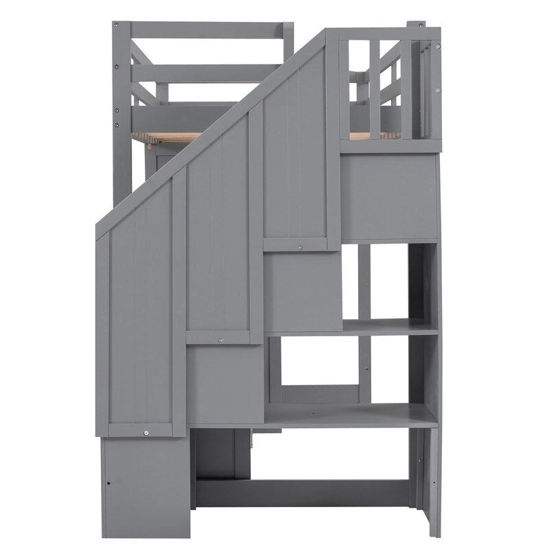 Lit mezzanine Twin en pin avec armoire, bureau, 3 tiroirs, étagère ouverte et escalier de rangement, gris blanc