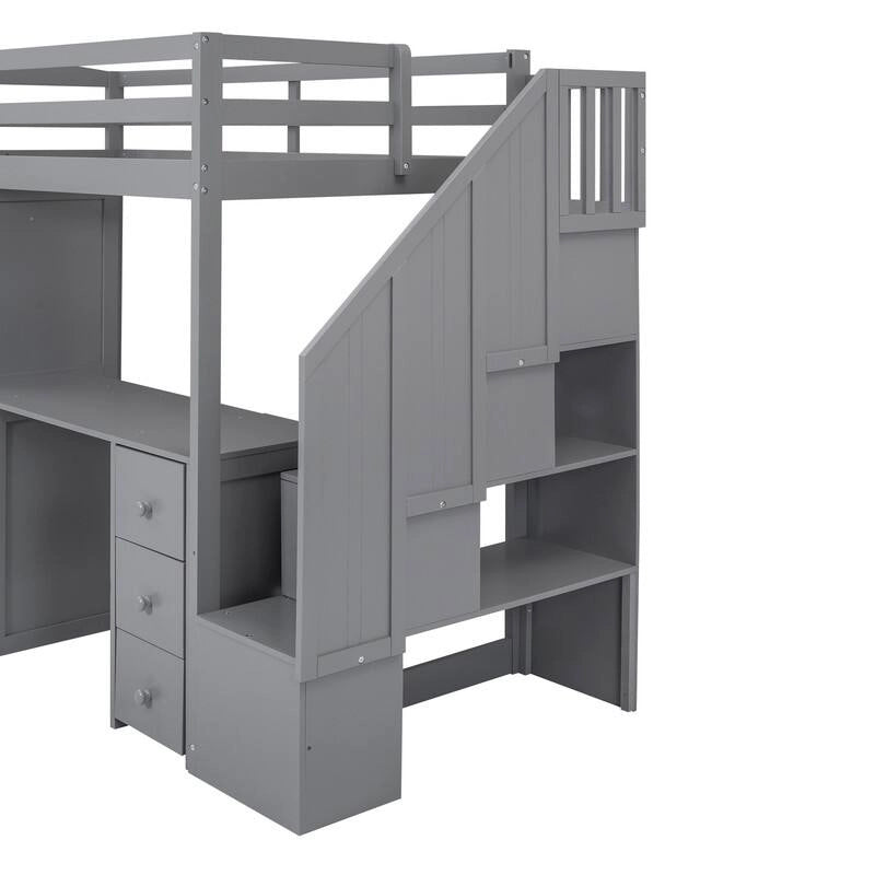 Lit mezzanine Twin en pin avec armoire, bureau, 3 tiroirs, étagère ouverte et escalier de rangement, gris blanc