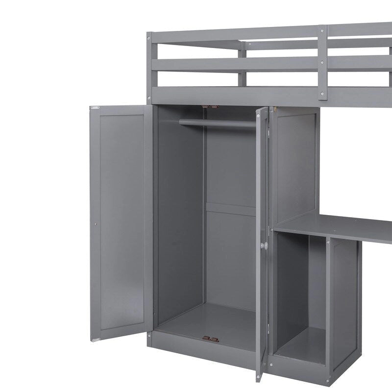 Twin-Hochbett aus Kiefernholz mit Kleiderschrank, Schreibtisch, 3 Schubladen, offenem Regal und Stautreppe, Grau Weiß