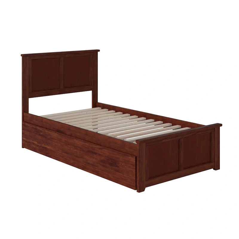 Solid Wood Platform Bed with Matching Footboard, Twin Trundle and Charging Station, Twin Full