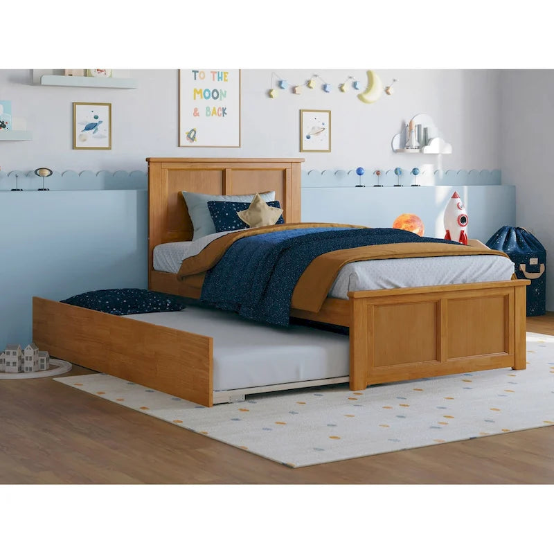 Solid Wood Platform Bed with Matching Footboard, Twin Trundle and Charging Station, Twin Full