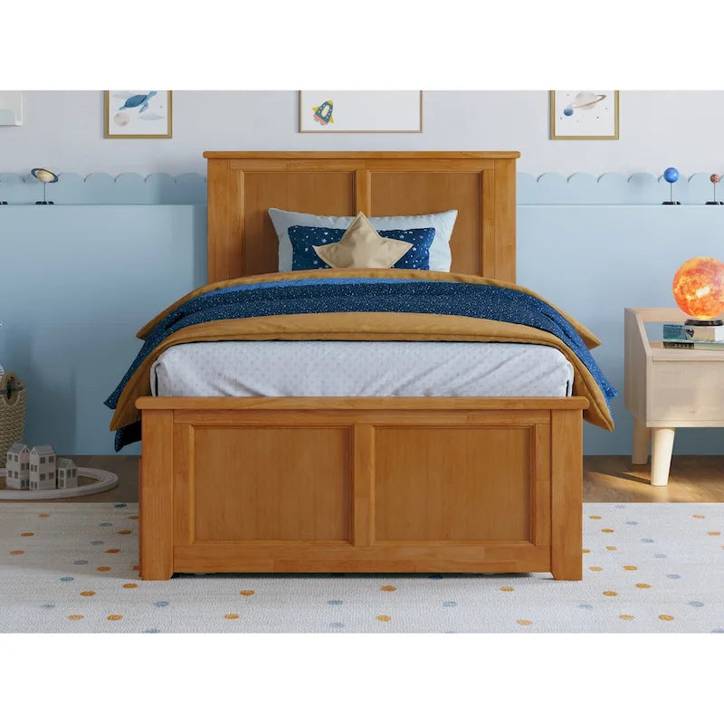 Solid Wood Platform Bed with Matching Footboard, Twin Trundle and Charging Station, Twin Full