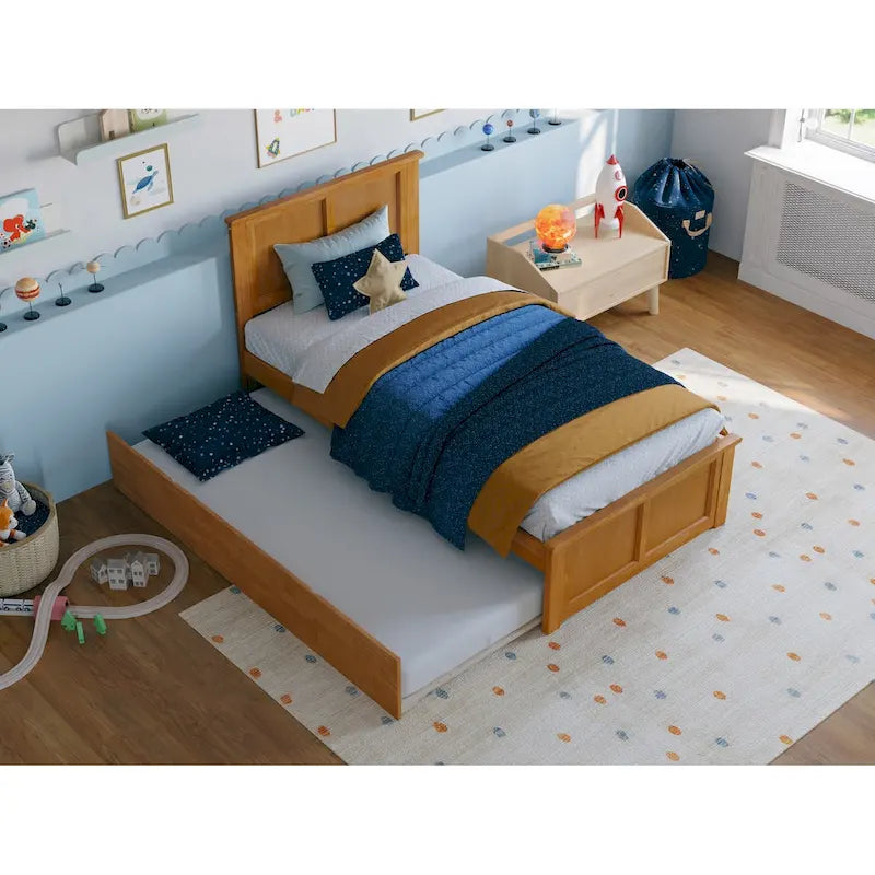 Solid Wood Platform Bed with Matching Footboard, Twin Trundle and Charging Station, Twin Full