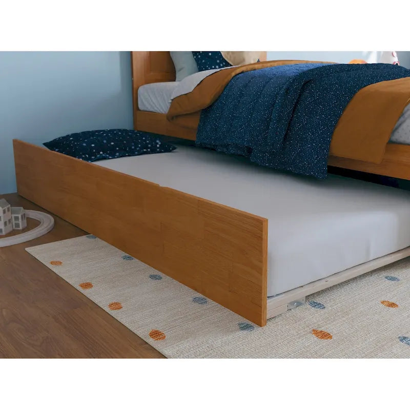 Solid Wood Platform Bed with Matching Footboard, Twin Trundle and Charging Station, Twin Full