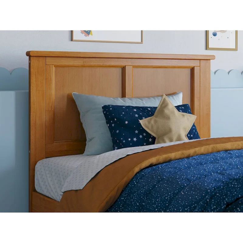 Solid Wood Platform Bed with Matching Footboard, Twin Trundle and Charging Station, Twin Full