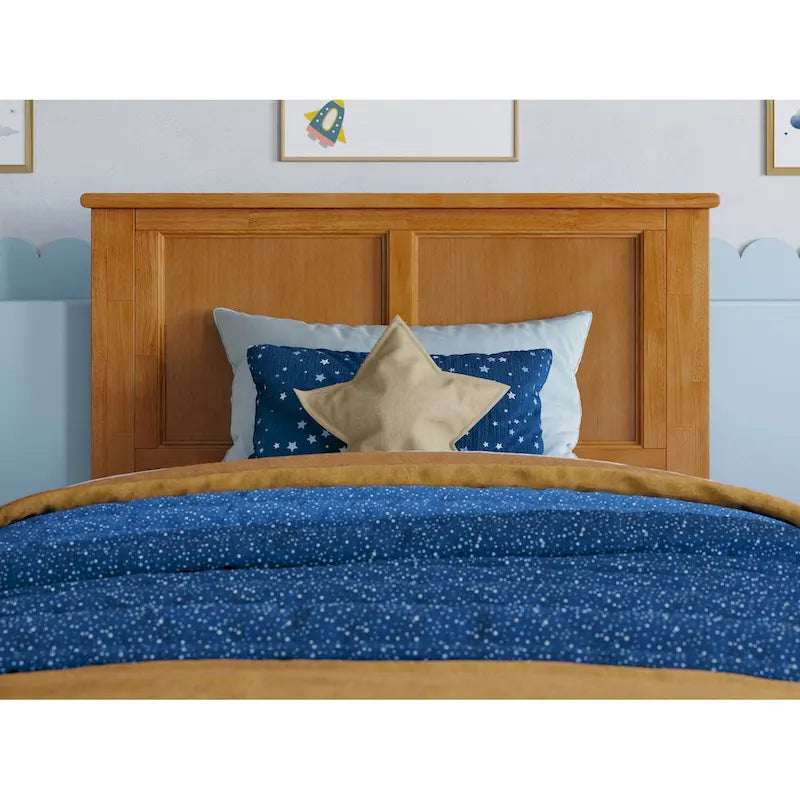 Solid Wood Platform Bed with Matching Footboard, Twin Trundle and Charging Station, Twin Full