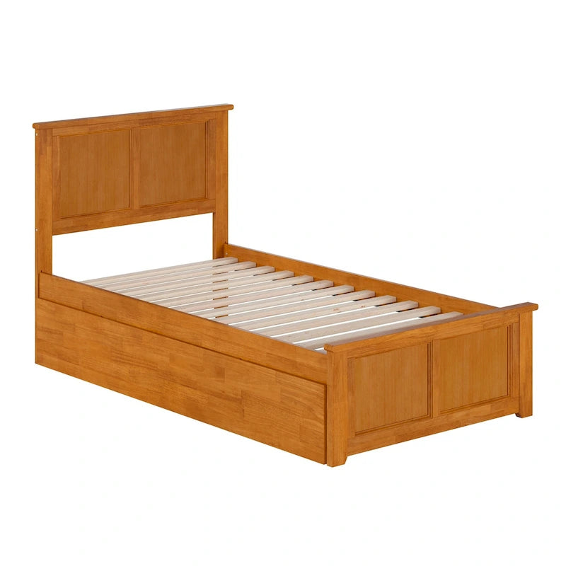 Solid Wood Platform Bed with Matching Footboard, Twin Trundle and Charging Station, Twin Full
