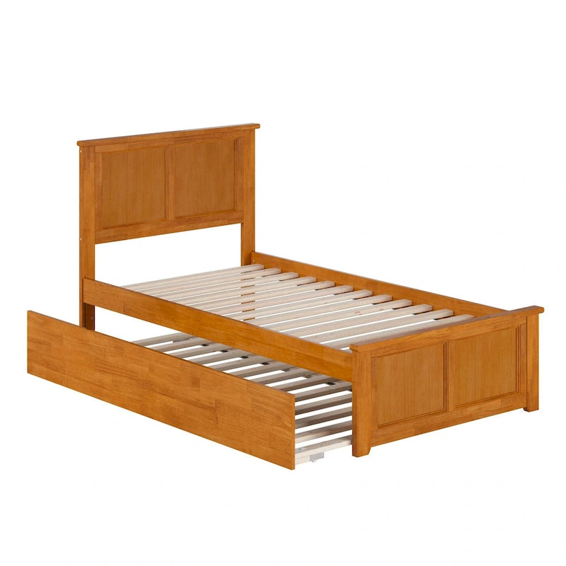 Solid Wood Platform Bed with Matching Footboard, Twin Trundle and Charging Station, Twin Full