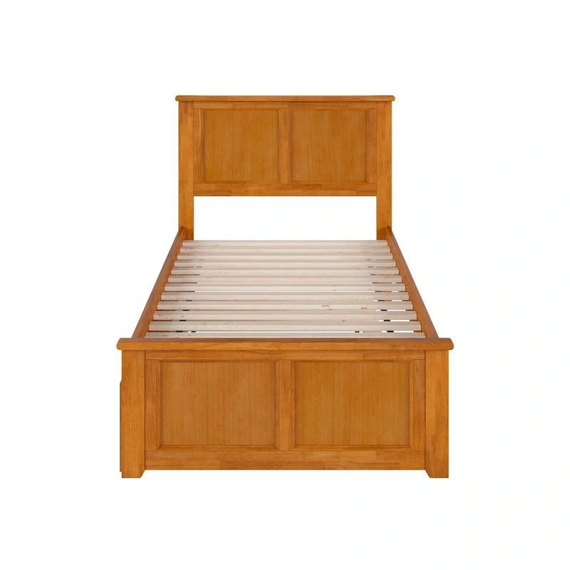 Solid Wood Platform Bed with Matching Footboard, Twin Trundle and Charging Station, Twin Full