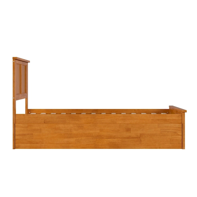 Solid Wood Platform Bed with Matching Footboard, Twin Trundle and Charging Station, Twin Full
