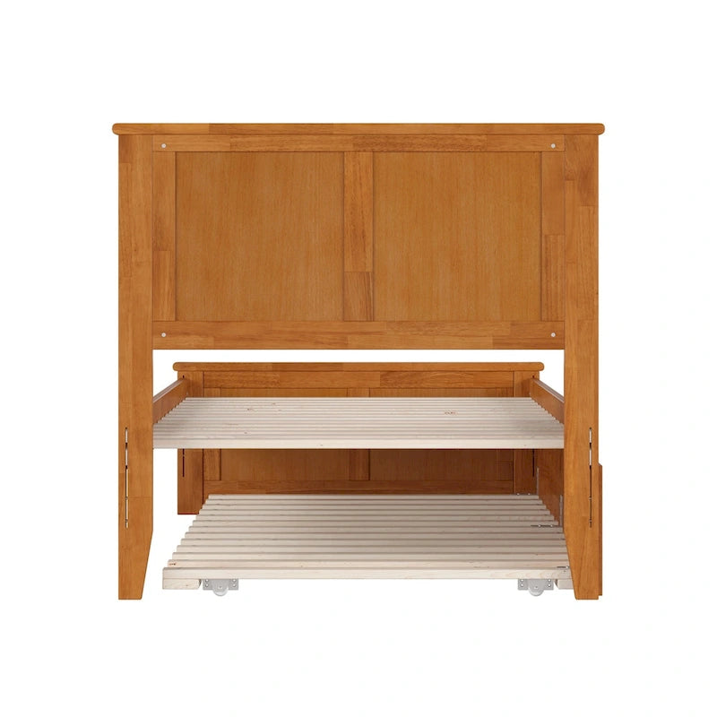 Solid Wood Platform Bed with Matching Footboard, Twin Trundle and Charging Station, Twin Full
