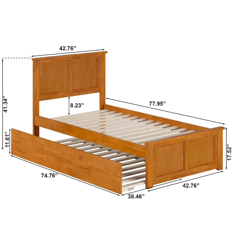 Solid Wood Platform Bed with Matching Footboard, Twin Trundle and Charging Station, Twin Full