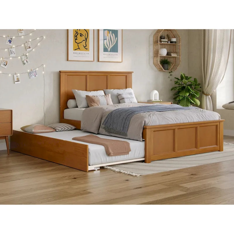 Solid Wood Platform Bed with Matching Footboard, Twin Trundle and Charging Station, Twin Full