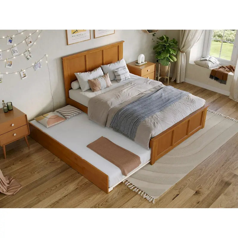Solid Wood Platform Bed with Matching Footboard, Twin Trundle and Charging Station, Twin Full