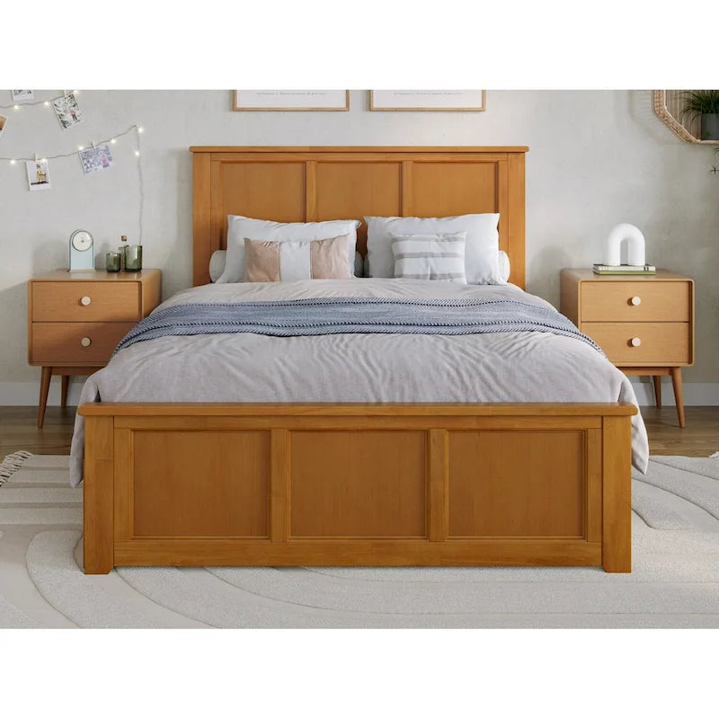 Solid Wood Platform Bed with Matching Footboard, Twin Trundle and Charging Station, Twin Full
