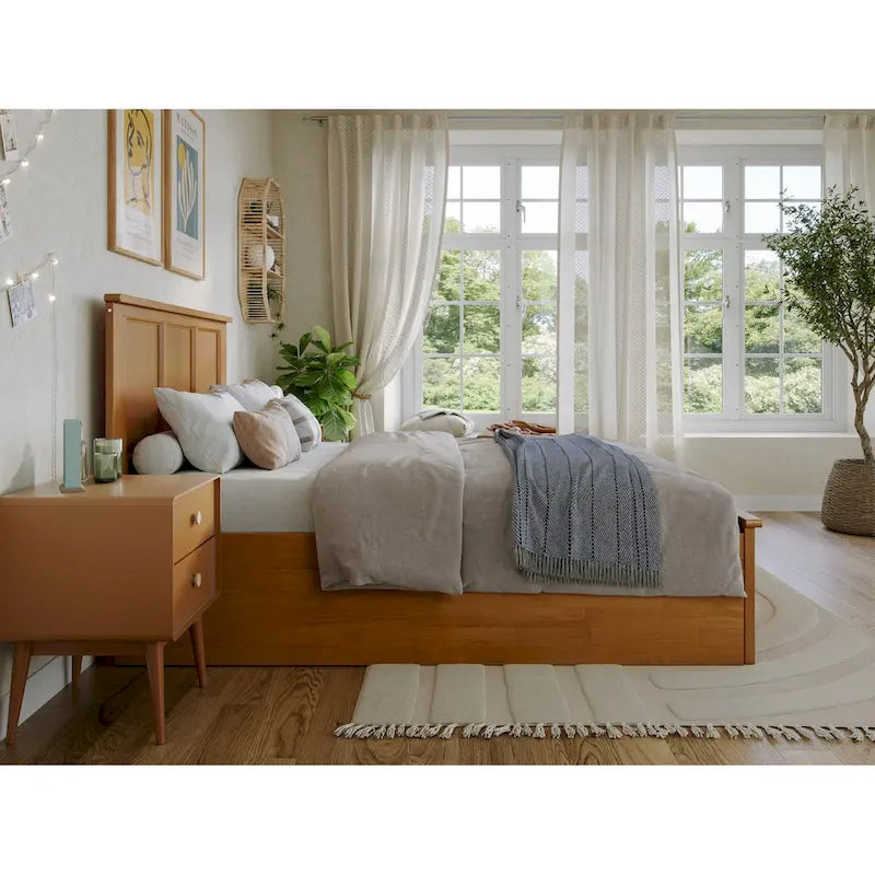 Solid Wood Platform Bed with Matching Footboard, Twin Trundle and Charging Station, Twin Full