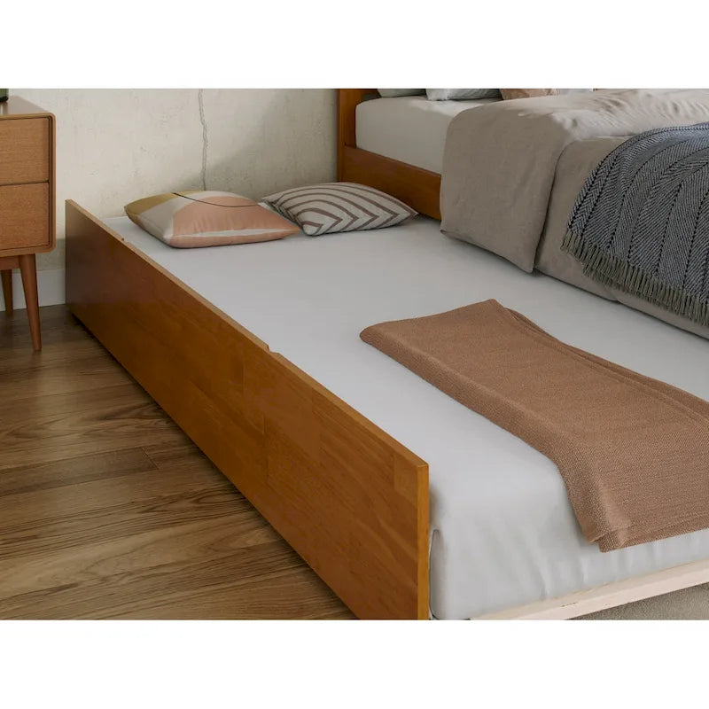 Solid Wood Platform Bed with Matching Footboard, Twin Trundle and Charging Station, Twin Full