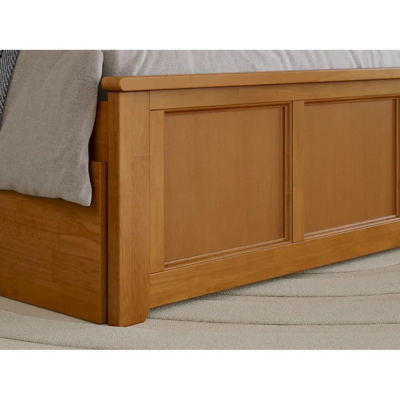 Solid Wood Platform Bed with Matching Footboard, Twin Trundle and Charging Station, Twin Full