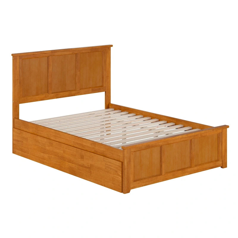 Solid Wood Platform Bed with Matching Footboard, Twin Trundle and Charging Station, Twin Full