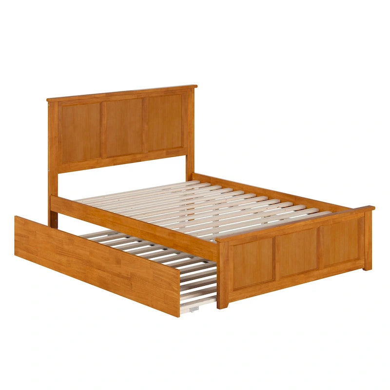 Solid Wood Platform Bed with Matching Footboard, Twin Trundle and Charging Station, Twin Full