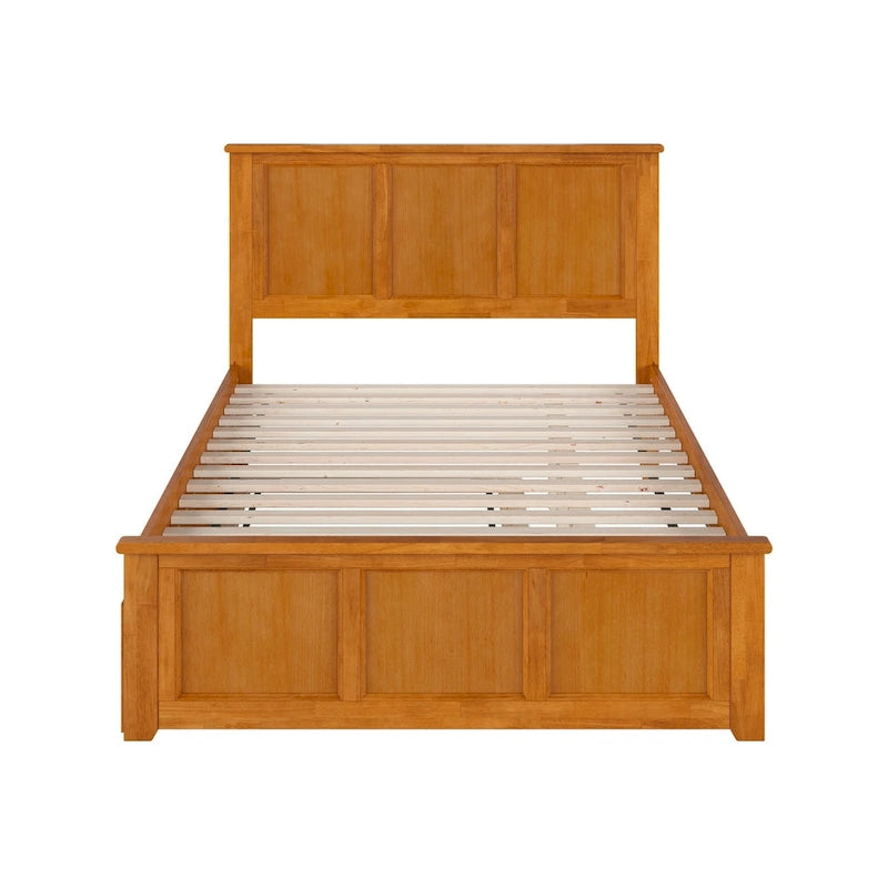 Solid Wood Platform Bed with Matching Footboard, Twin Trundle and Charging Station, Twin Full