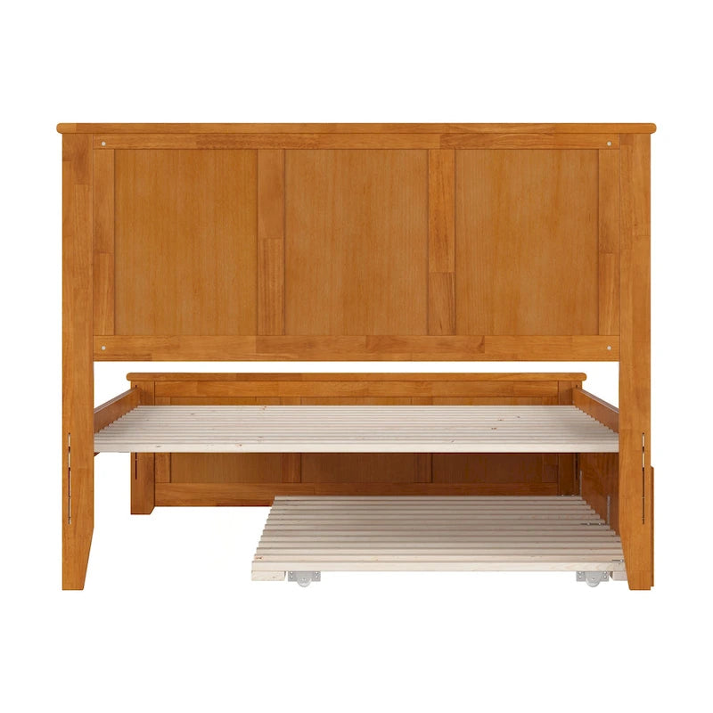 Solid Wood Platform Bed with Matching Footboard, Twin Trundle and Charging Station, Twin Full