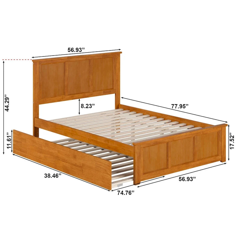 Solid Wood Platform Bed with Matching Footboard, Twin Trundle and Charging Station, Twin Full