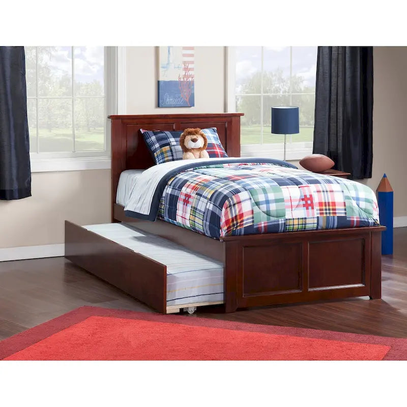 Solid Wood Platform Bed with Matching Footboard, Twin Trundle and Charging Station, Twin Full