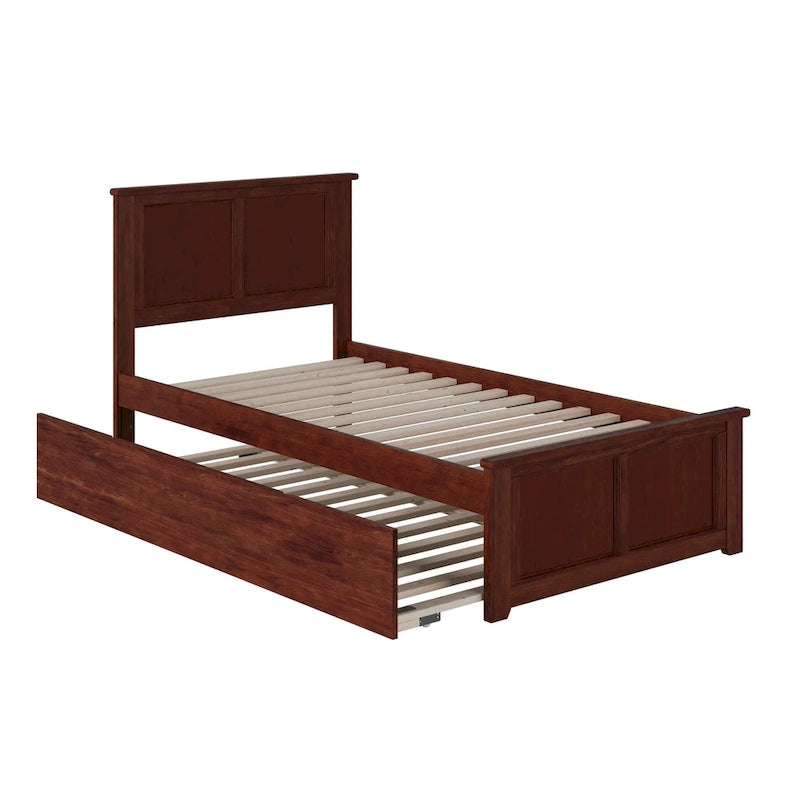 Solid Wood Platform Bed with Matching Footboard, Twin Trundle and Charging Station, Twin Full