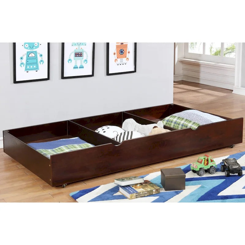 Twin-Unterbett-Ausziehbett aus Holz mit Rollen und 3-Fächer-Aufbewahrung, 7 Farben