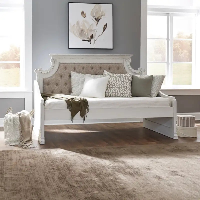 Twin Daybed with Tufted Chenille Back and Scrolled Cap Rail, Antique White