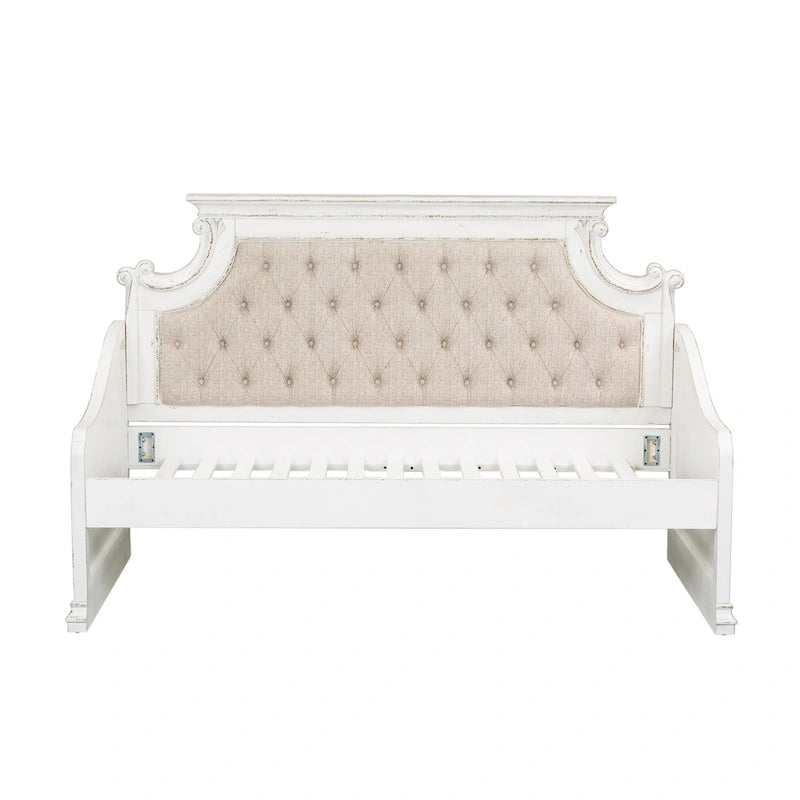 Twin Daybed with Tufted Chenille Back and Scrolled Cap Rail, Antique White
