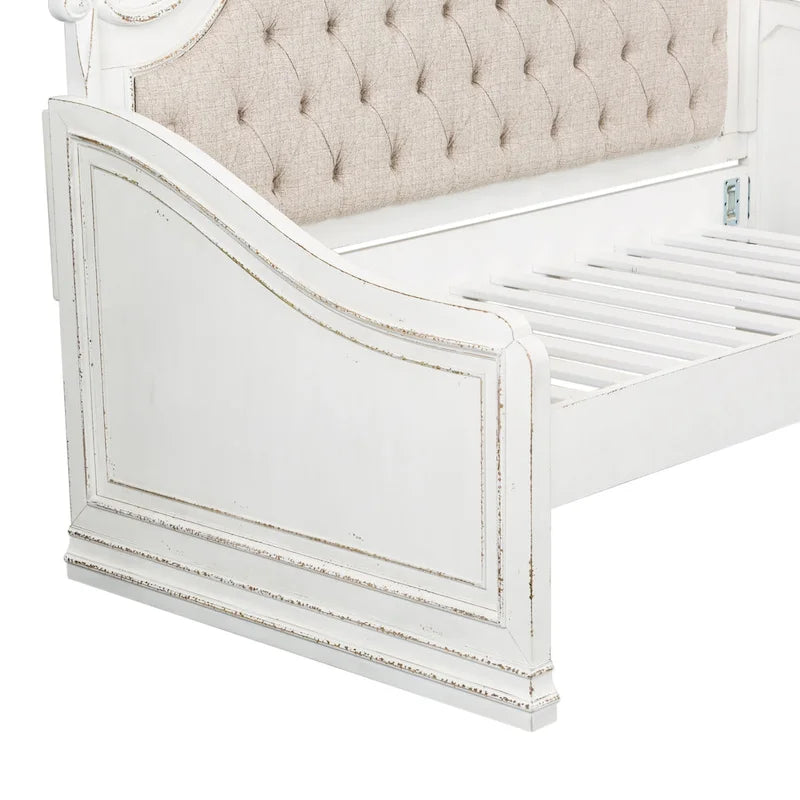 Twin Daybed with Tufted Chenille Back and Scrolled Cap Rail, Antique White