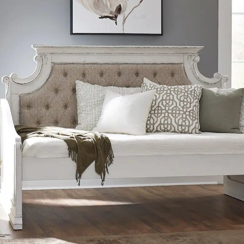 Twin Daybed with Tufted Chenille Back and Scrolled Cap Rail, Antique White