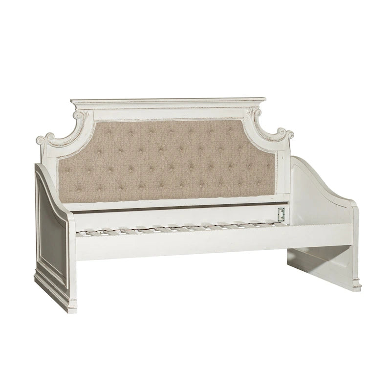 Twin Daybed with Tufted Chenille Back and Scrolled Cap Rail, Antique White