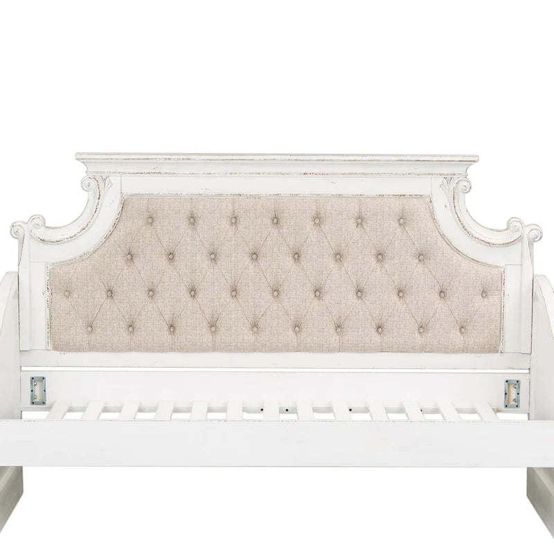 Twin Daybed with Tufted Chenille Back and Scrolled Cap Rail, Antique White