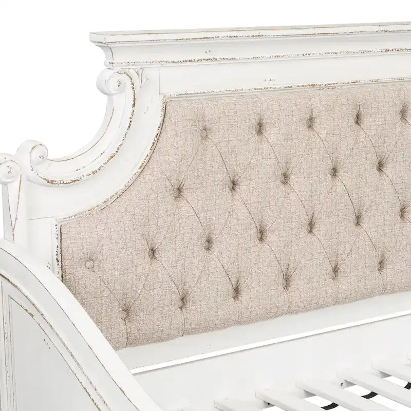 Twin Daybed with Tufted Chenille Back and Scrolled Cap Rail, Antique White
