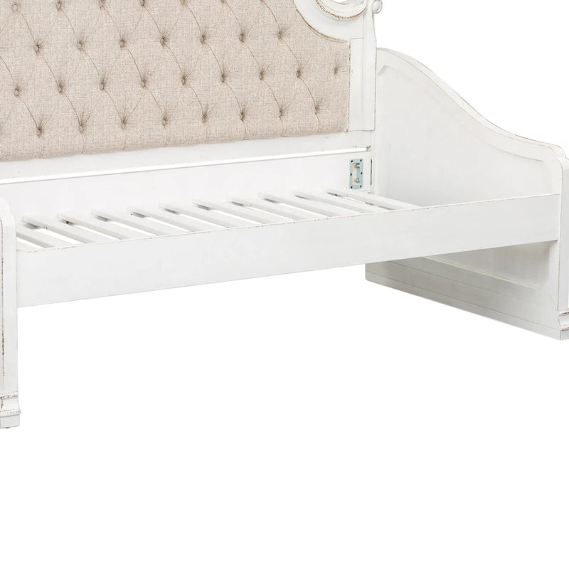 Twin Daybed with Tufted Chenille Back and Scrolled Cap Rail, Antique White
