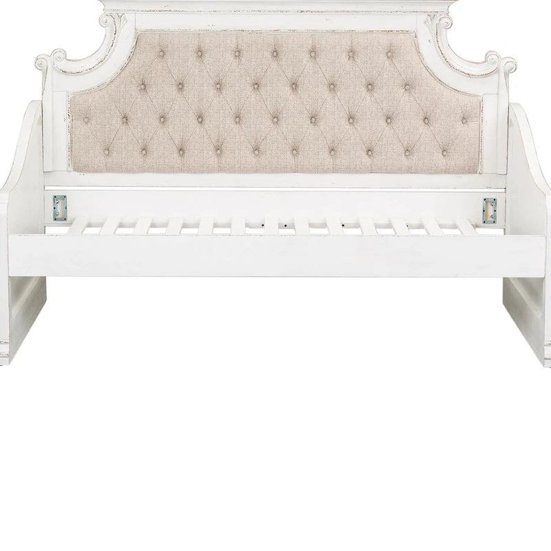 Twin Daybed with Tufted Chenille Back and Scrolled Cap Rail, Antique White