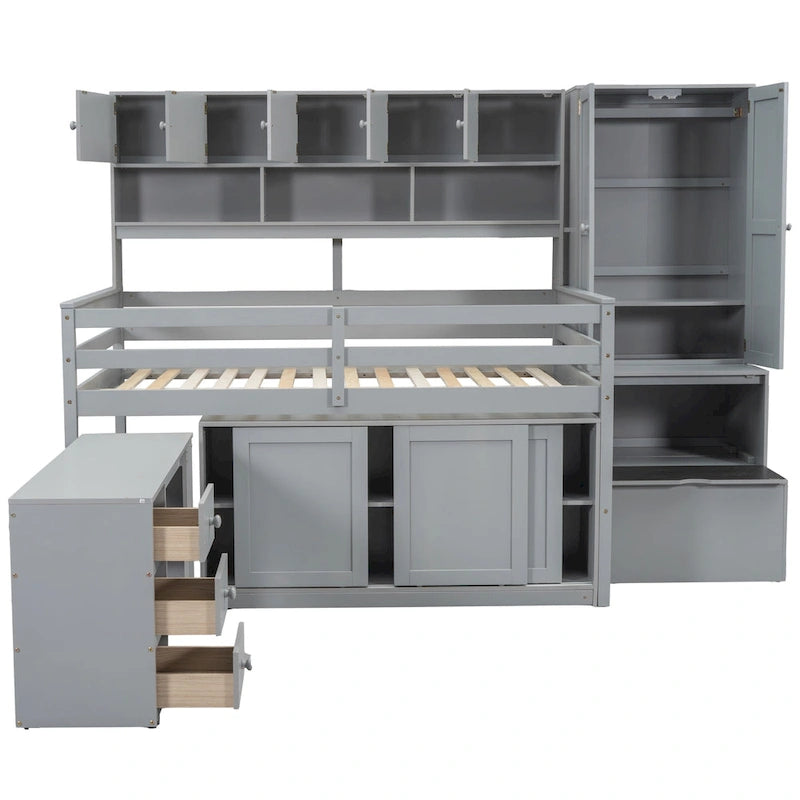 Full Wood Low Loft Bed with Rolling Desk, Wardrobe, Storage Staircase, Under-Bed Cabinet and Overhead Shelving, Gray