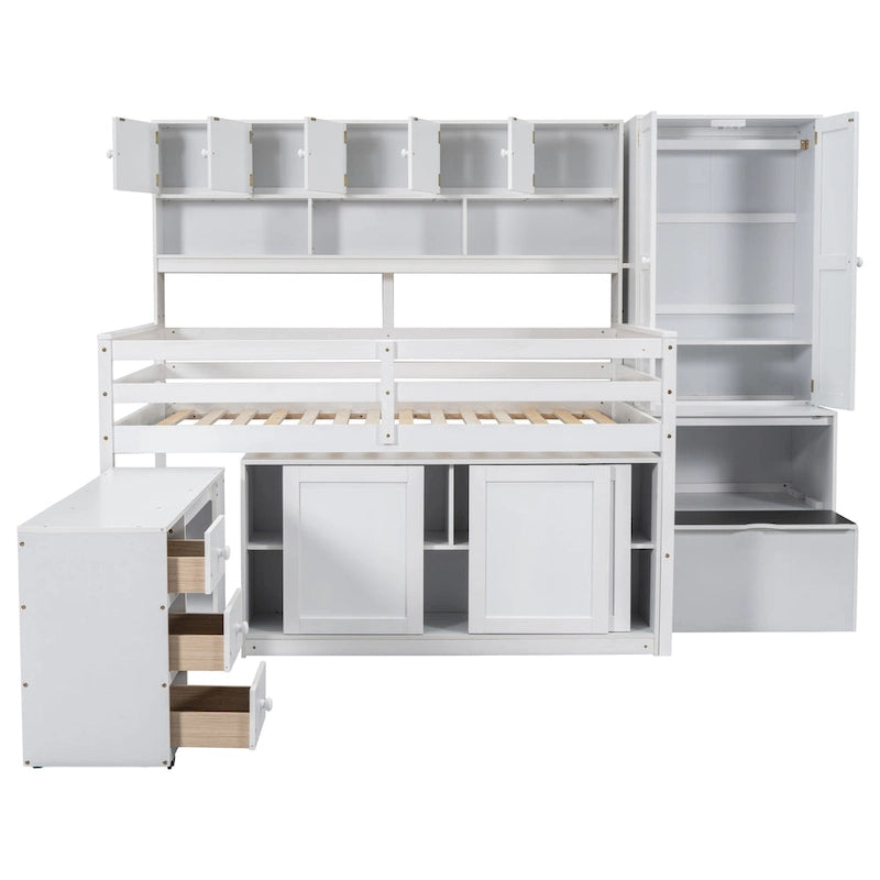 Full Wood Low Loft Bed with Rolling Desk, Wardrobe, Storage Staircase, Under-Bed Cabinet and Overhead Shelving, Gray