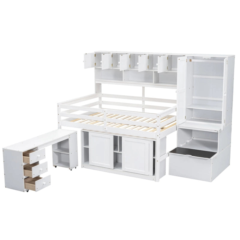 Full Wood Low Loft Bed with Rolling Desk, Wardrobe, Storage Staircase, Under-Bed Cabinet and Overhead Shelving, Gray