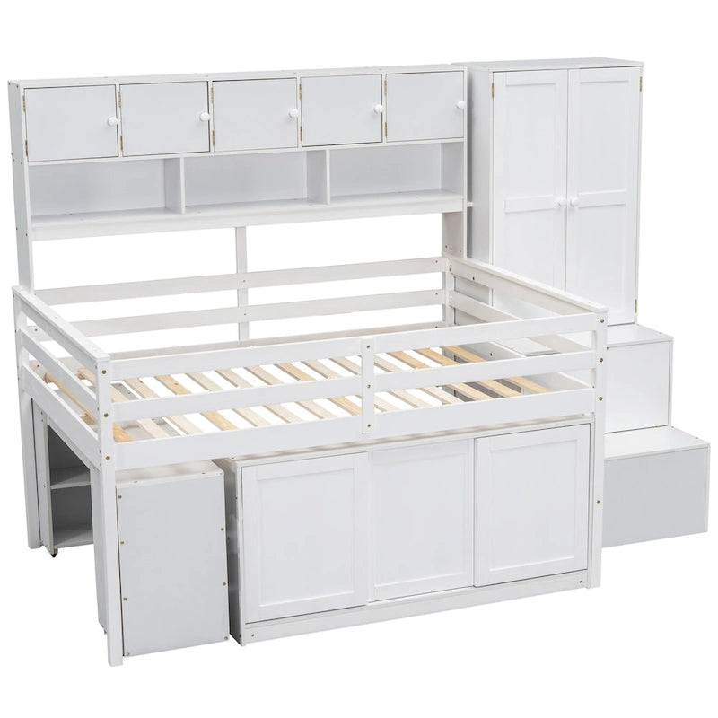 Full Wood Low Loft Bed with Rolling Desk, Wardrobe, Storage Staircase, Under-Bed Cabinet and Overhead Shelving, Gray